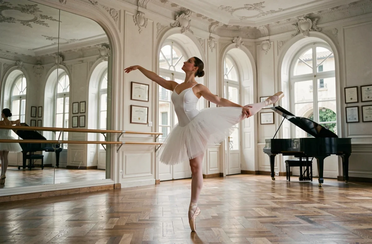 Danseuse en tutu blanc en arabesque lors d'une répétition à l'Académie de Danse d'Aix dans un studio classique