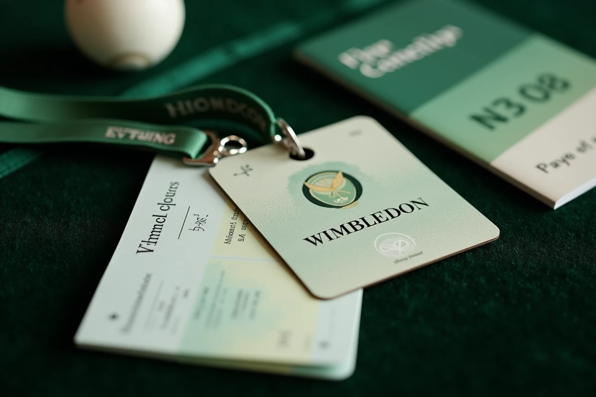 Accréditation officielle Wimbledon et chèque de prize money posés sur velours vert, détail symbolique des gains du tournoi