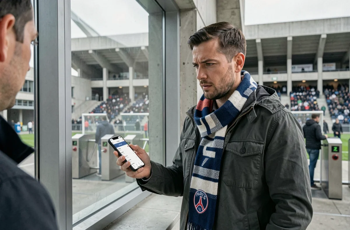 Supporter du Paris FC achetant un billet de dernière minute au guichet du stade le jour du match