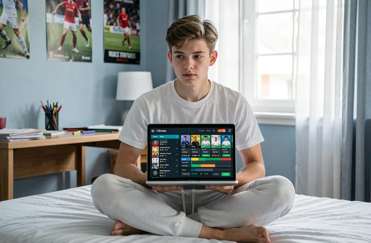 Adolescent utilisant son ordinateur portable pour explorer le marché des transferts et optimiser ses crédits dans FC 25