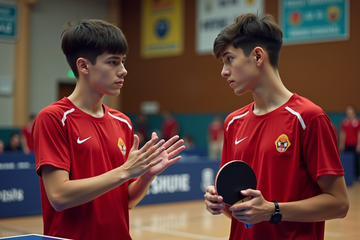 Adolescent tennis de table montrant ses ongles à un coéquipier