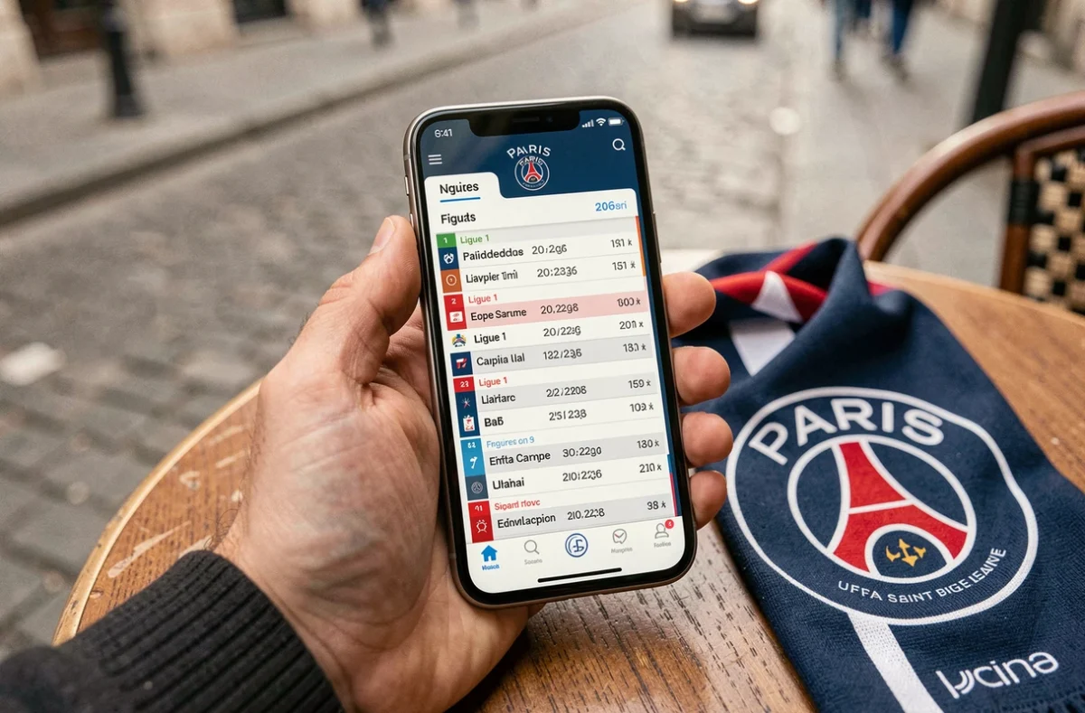 Smartphone affichant l'agenda PSG 2026 avec les dates de Ligue 1, Coupe de France et UEFA Champions League sur une terrasse parisienne