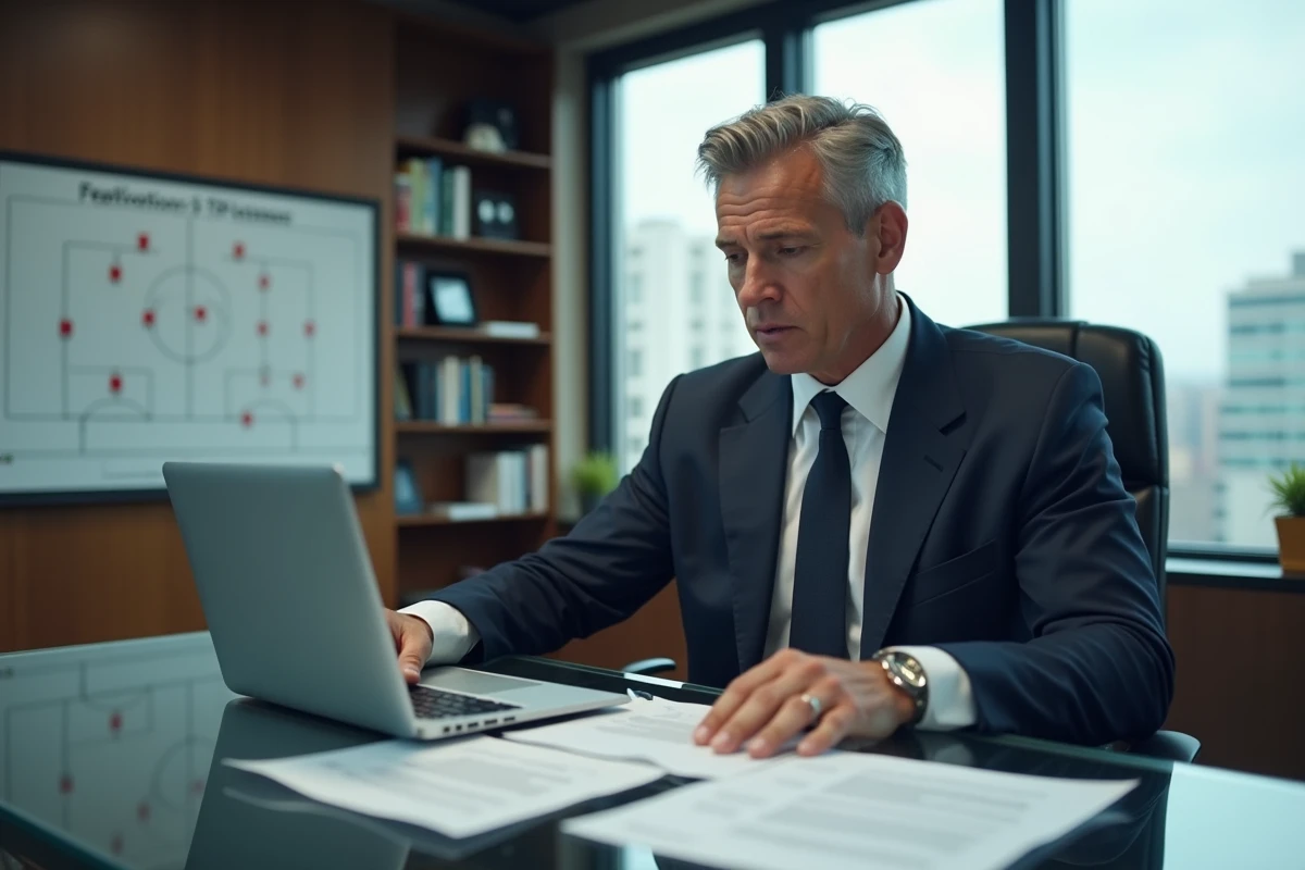Agent sportif en costume sombre examinant un contrat de joueur de rugby professionnel dans un bureau moderne, symbole des négociations salariales dans le sport de haut niveau
