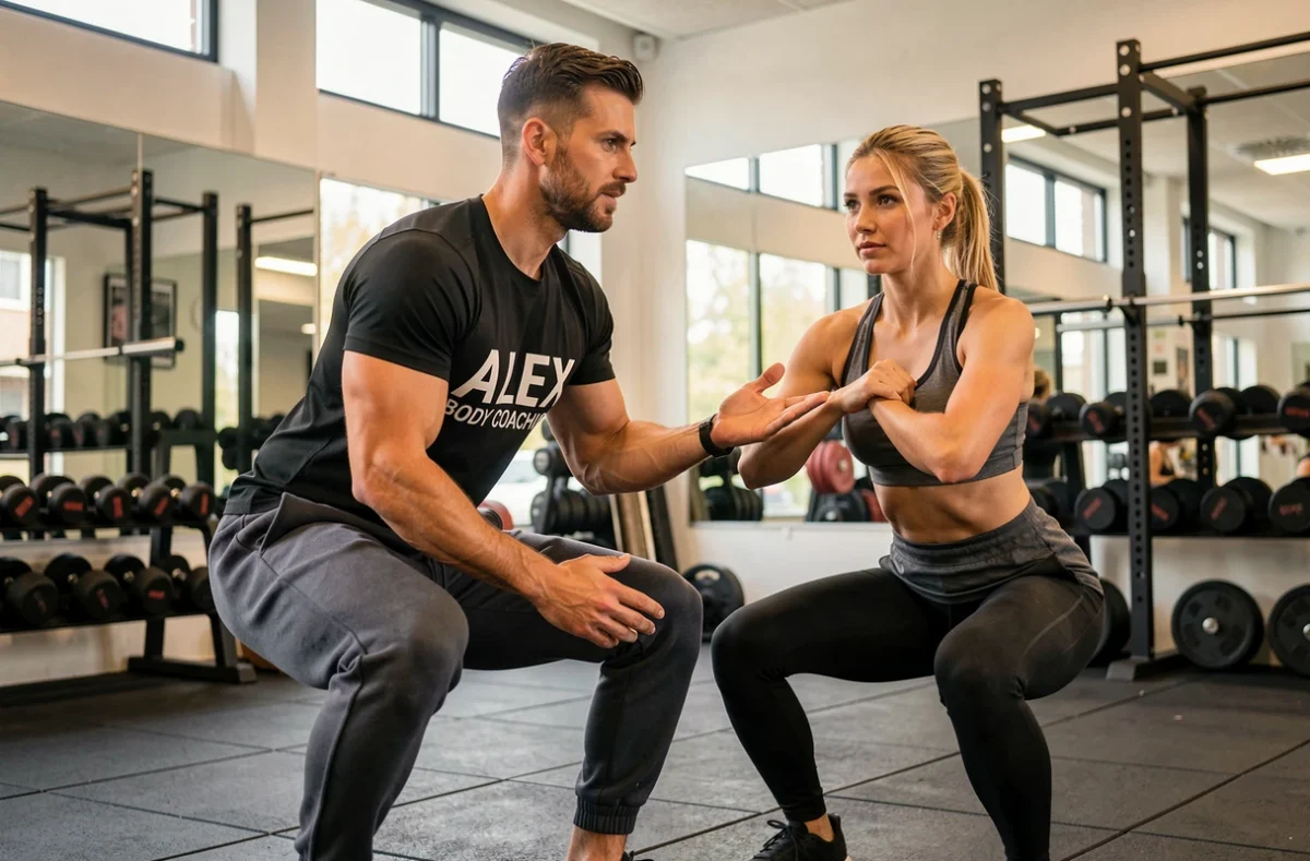 Coach Alex guidant une cliente lors d'une séance de coaching sportif polyvalent dans une salle de gym à Évry