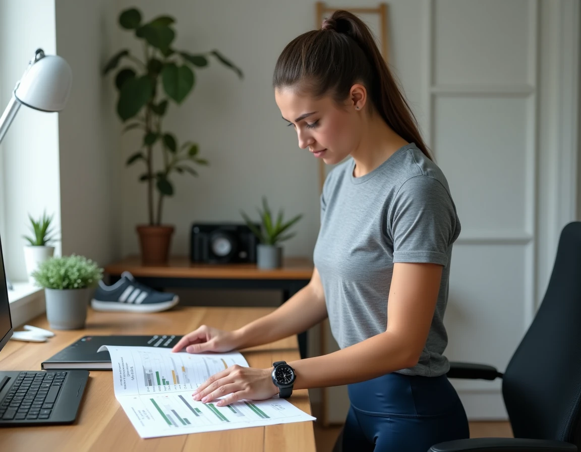 Femme analysant ses allures de course avec une montre GPS et un tableau de vitesse imprimé, pour optimiser son entraînement running