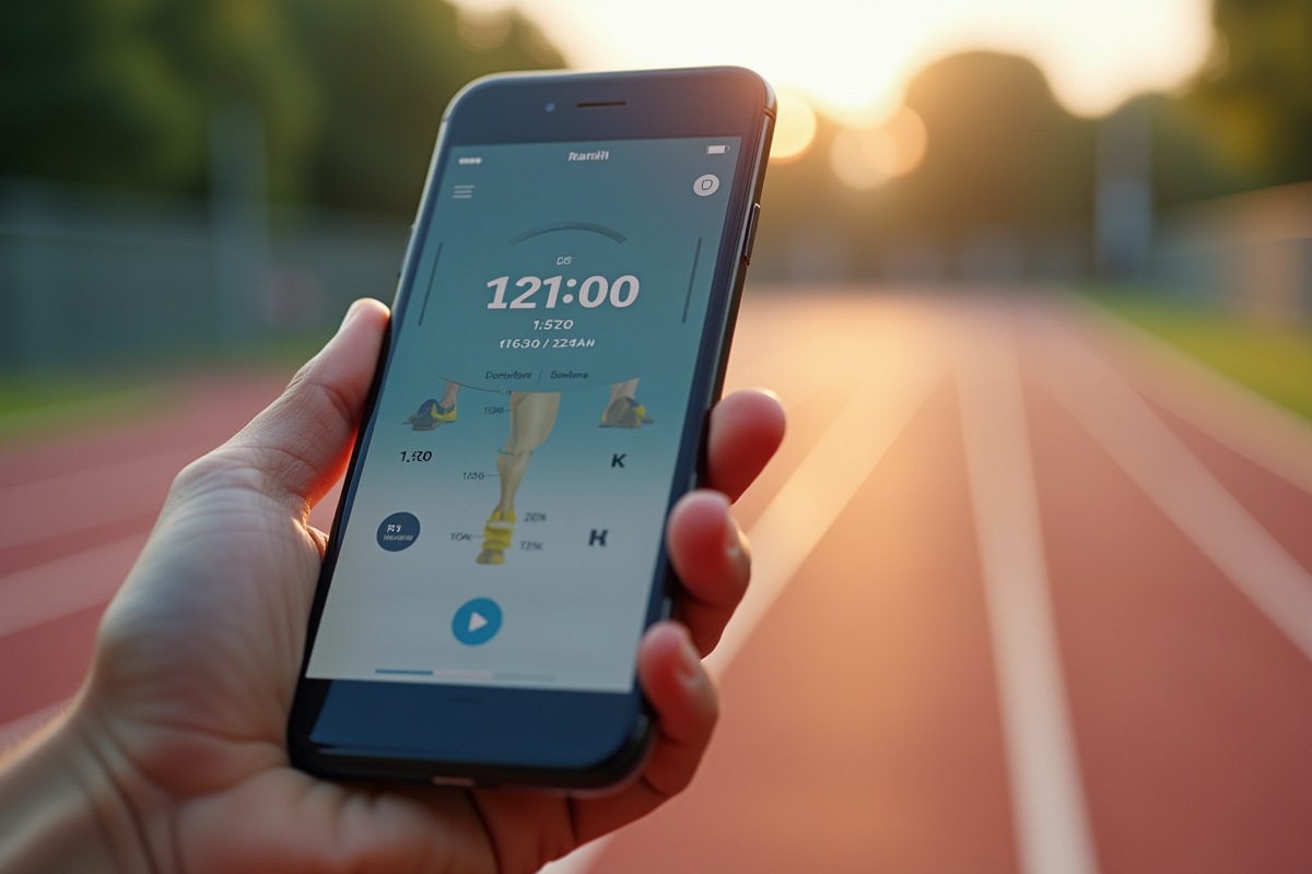 Gros plan sur smartphone affichant un pedomètre en plein jour