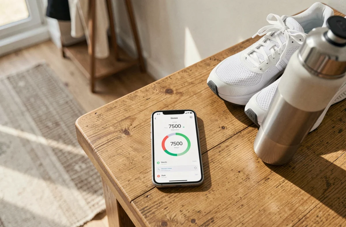 Smartphone affichant 7500 pas sur une application de santé posé à côté de chaussures de sport