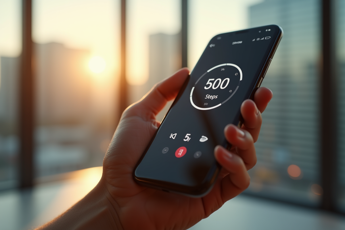 Ecran de smartphone avec application de fitness affichant 5000 pas