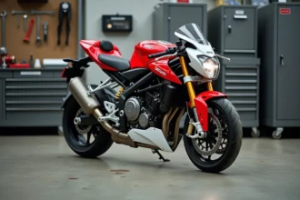 Aprilia RS 125 vue de trois quarts avant dans un atelier mécanique, avec focus sur le pignon arrière et la chaîne de transmission pour optimiser la démultiplication