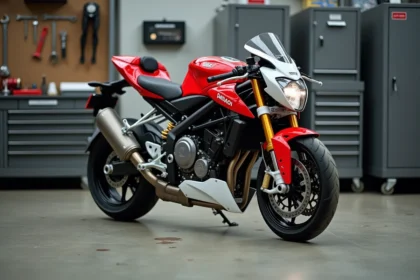 Aprilia RS 125 vue de trois quarts avant dans un atelier mécanique, avec focus sur le pignon arrière et la chaîne de transmission pour optimiser la démultiplication