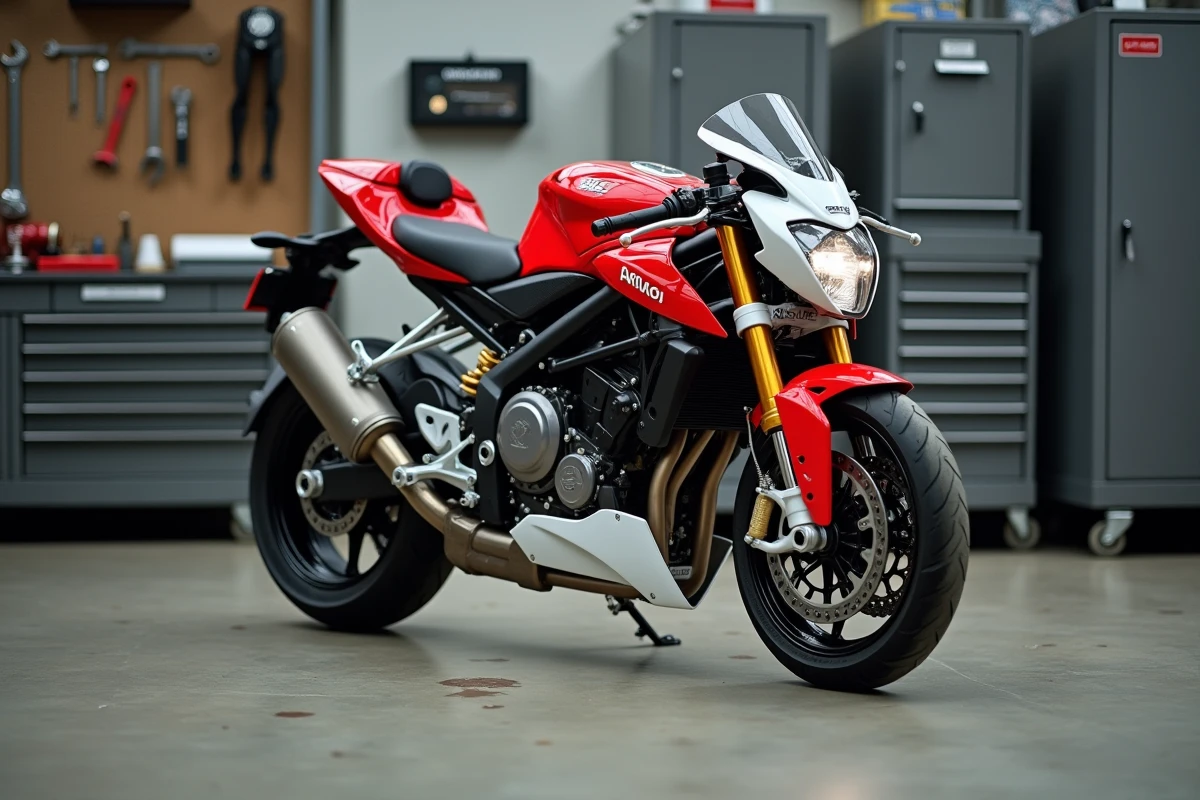 Aprilia RS 125 vue de trois quarts avant dans un atelier mécanique, avec focus sur le pignon arrière et la chaîne de transmission pour optimiser la démultiplication