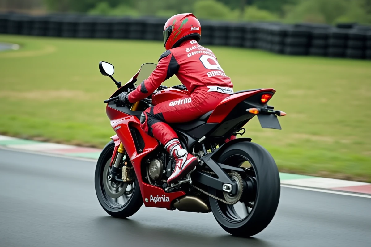 Aprilia RS 125 en pleine accélération sur circuit, illustrant l'impact de la démultiplication sur la vitesse maximale en ligne droite