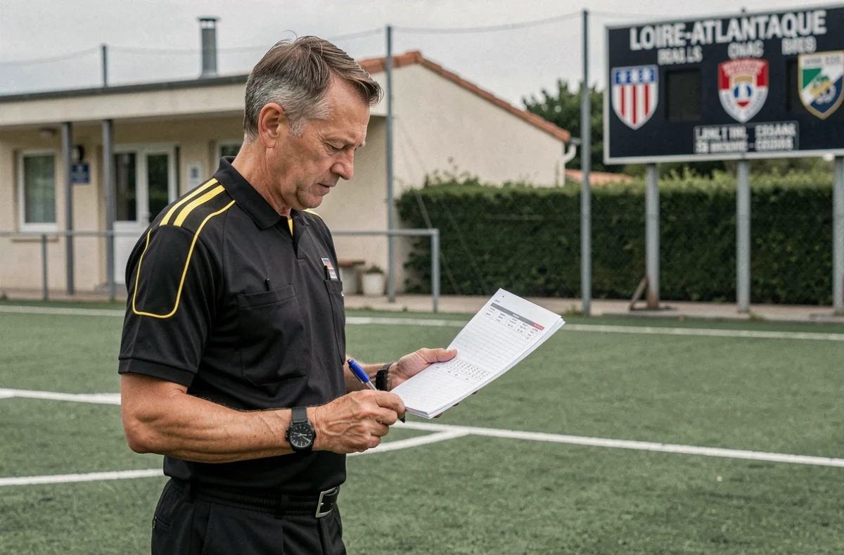 Arbitre consultant le calendrier officiel du district 44 de football sur un terrain synthétique d'un complexe sportif en Loire-Atlantique