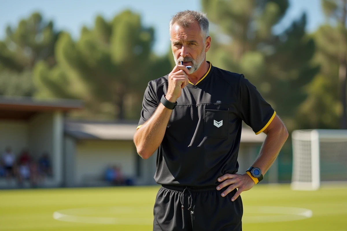 Arbitre officiel du district de l'Hérault sifflant une décision au centre du terrain lors d'un match amateur