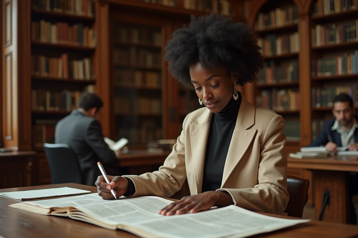 Femme française d'origine camerounaise consultant des archives dans une bibliothèque parisienne, évoquant la reconnaissance historique et médiatique du nom Ewanje Epee en France