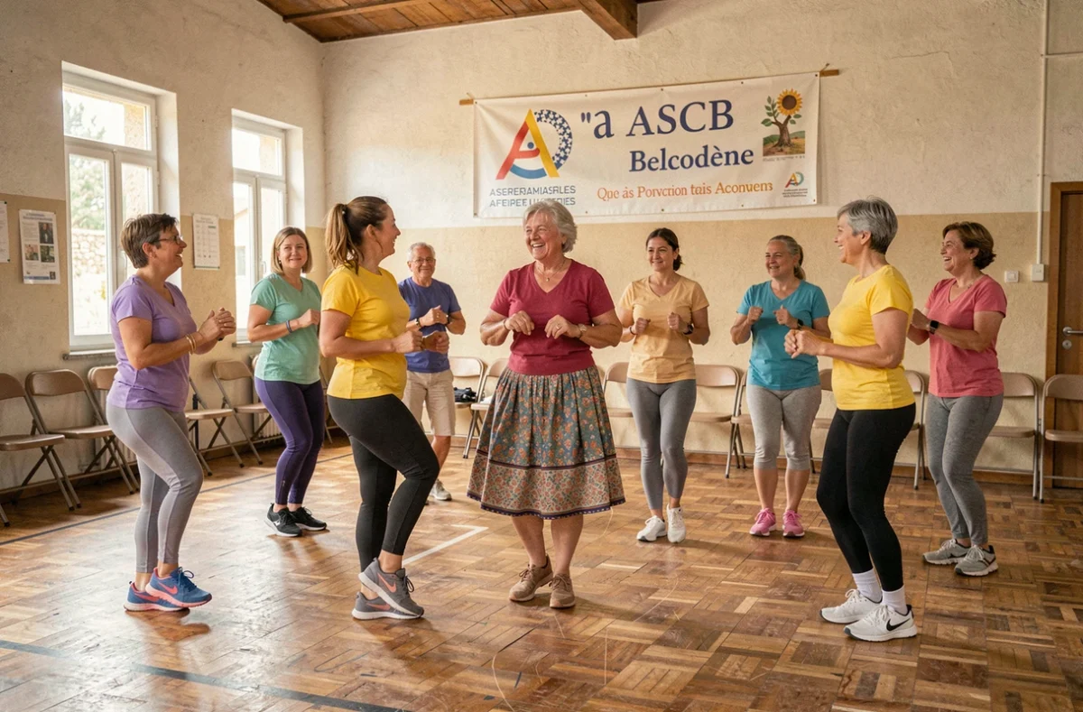 Cours de danse folklorique communautaire à l'ASCB Belcodène dans une salle municipale conviviale avec des adultes de tout âge