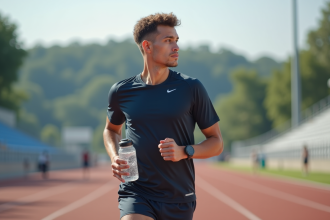 Jeune athlète homme buvant lors d'une course