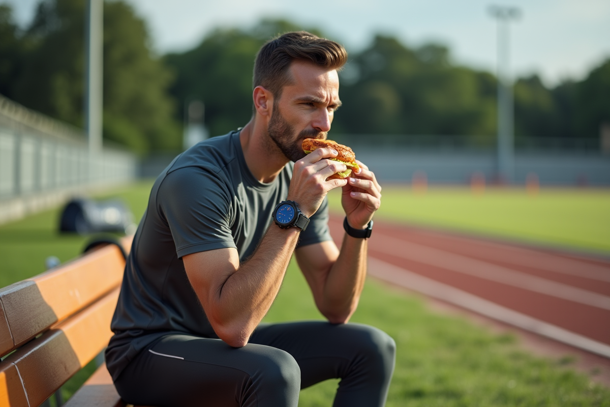 Homme sportif mangeant un sandwich en extérieur