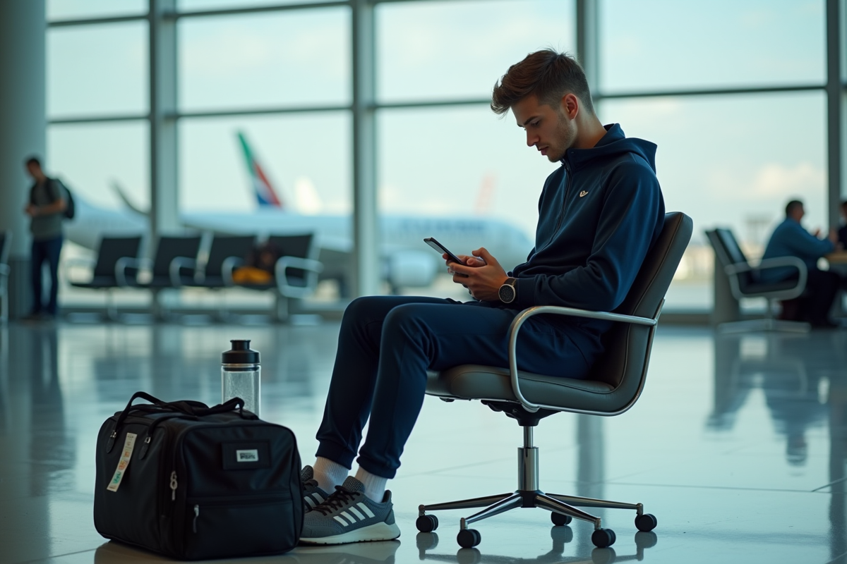 Jeune athlète en train de vérifier son itinéraire à l'aéroport