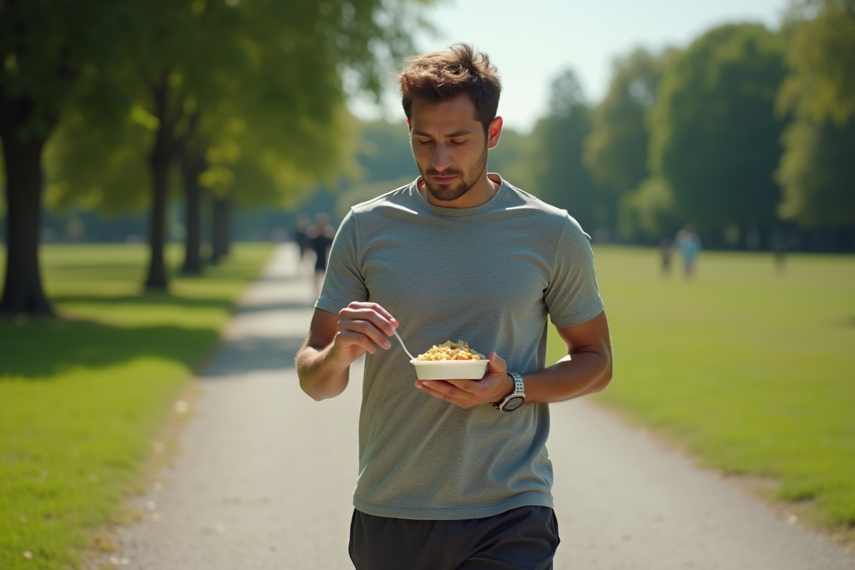 Jeune athlète en pause dans un parc vert en regardant un saladier de pâtes