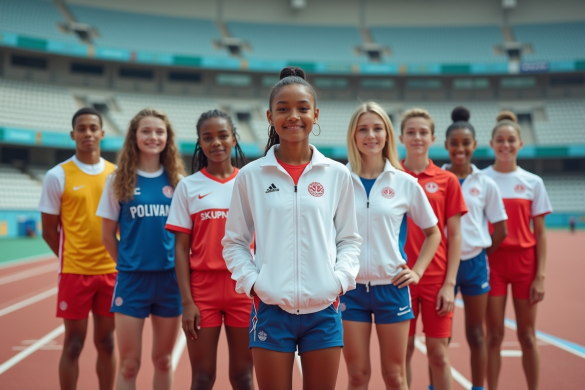 Groupe d'athlètes olympiques dans un stade moderne