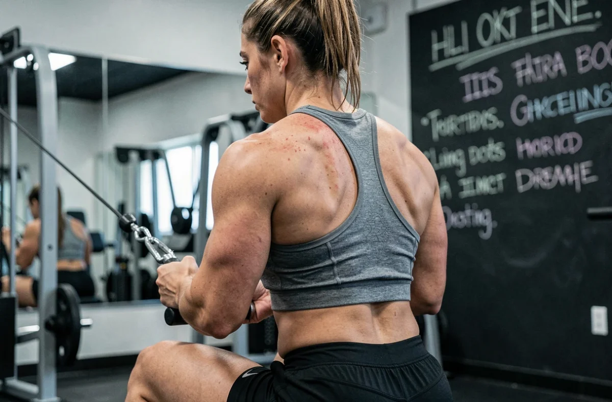 Vue de dos d'une athlète musclée en plein effort de tirage câble dans une salle de sport moderne