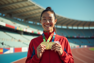 Championne olympique souriante avec ses médailles d'or