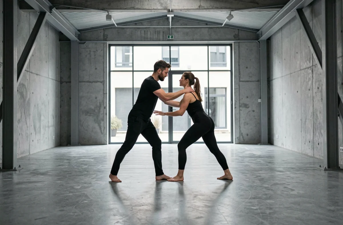 Duo de danseurs contemporains en répétition dans le studio industriel du Ballet Preljocaj à Aix-en-Provence