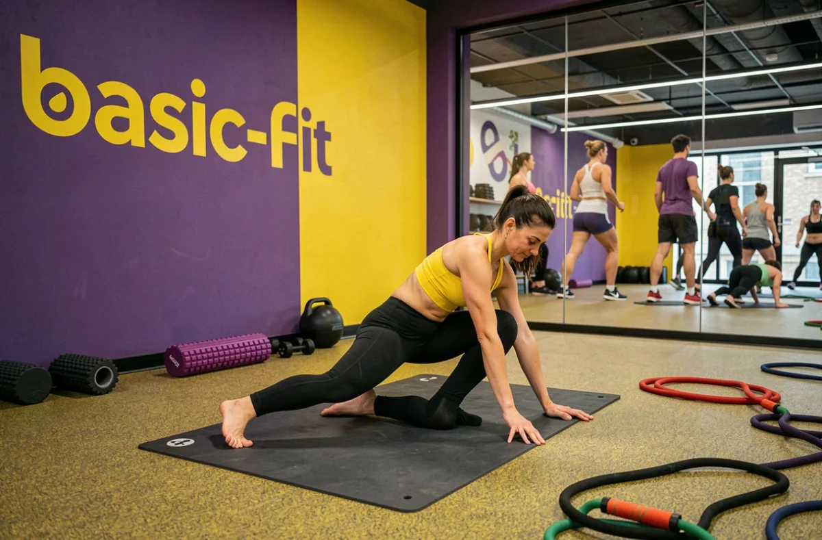Femme s'étirant sur tapis dans la zone récupération de Basic-Fit Lille, ambiance colorée avec branding violet et jaune