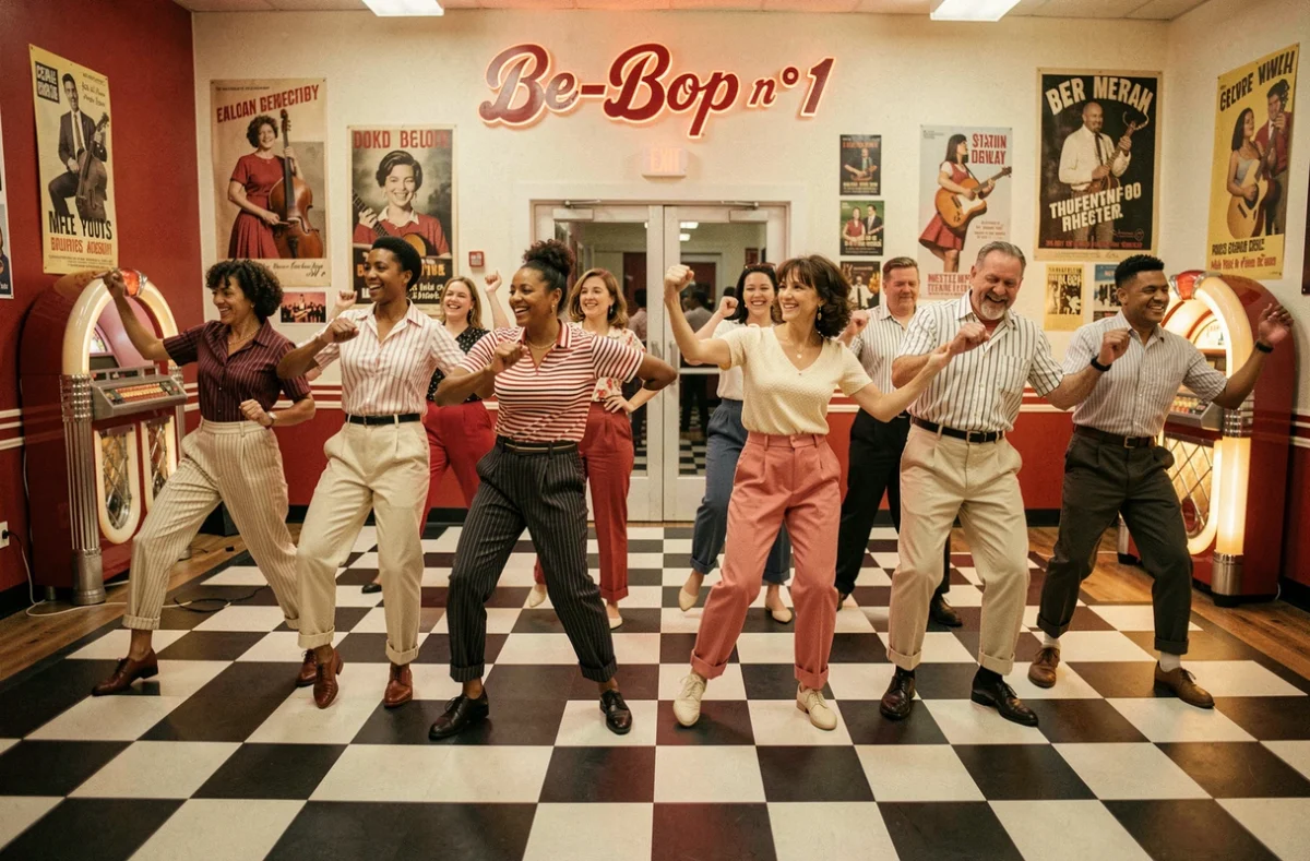 Cours de danse jazz et comédie musicale au Be-Bop n° 1 avec des adultes en tenue rétro sur parquet damier