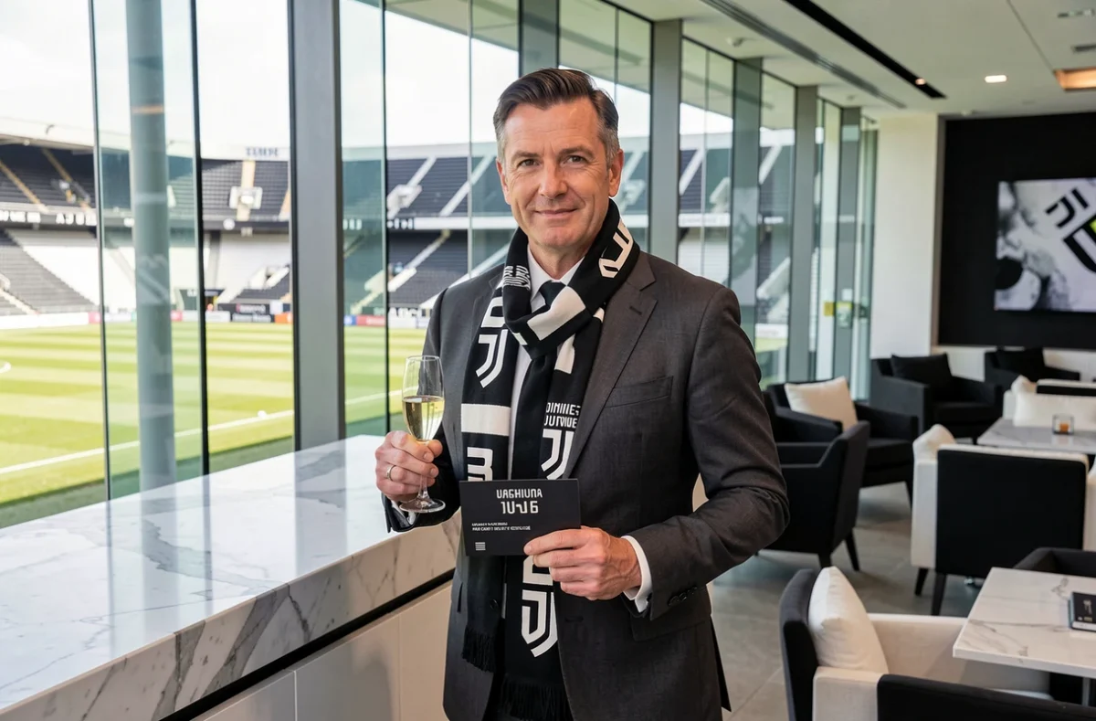 Homme en costume élégant dans le salon VIP d'un stade de football avec un ticket premium Juventus FC