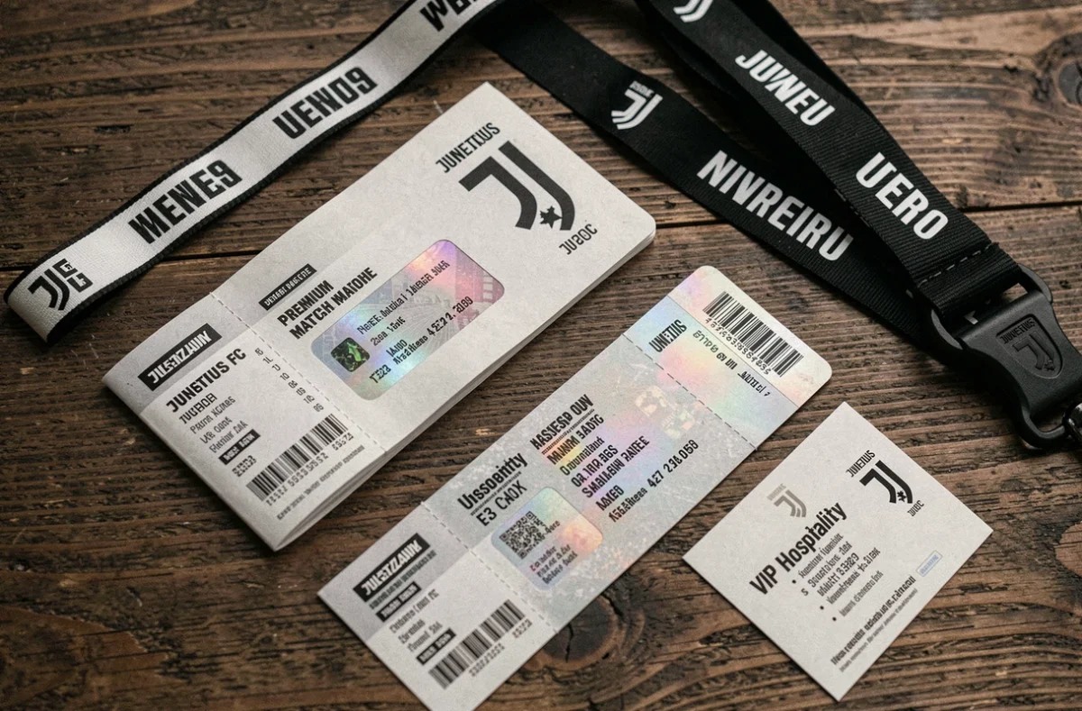 Vue aérienne de billets premium Juventus FC 2026 avec accréditations VIP et programme officiel sur une surface en bois