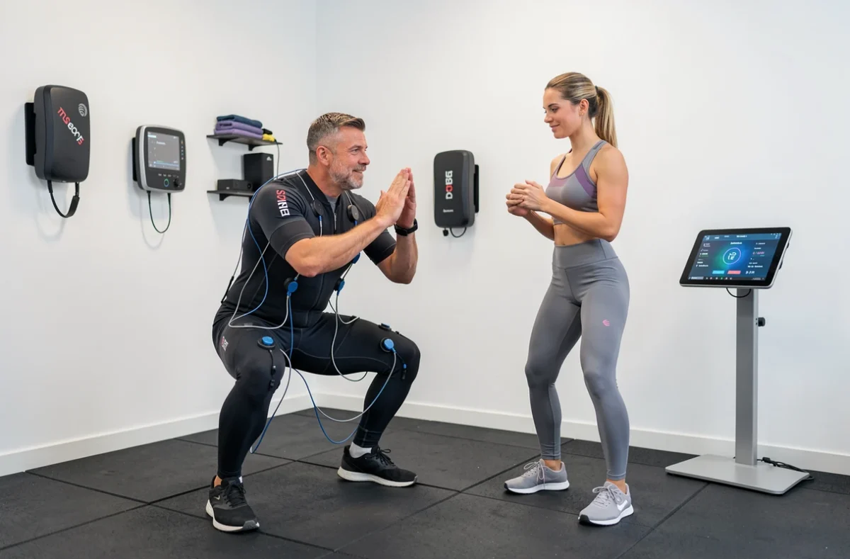 Client en combinaison EMS faisant un squat avec coach dans le studio Body Hit Lille, environnement high-tech épuré