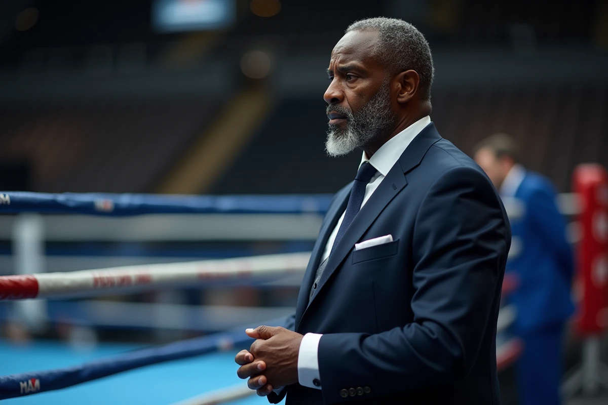 Homme noir en costume navy contemplant la ring à côté