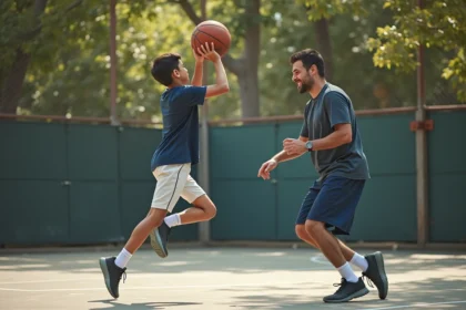 Père et fils de 11 ans jouant au basketball ensemble sur un terrain extérieur, activité sportive renforçant la complicité père-fils