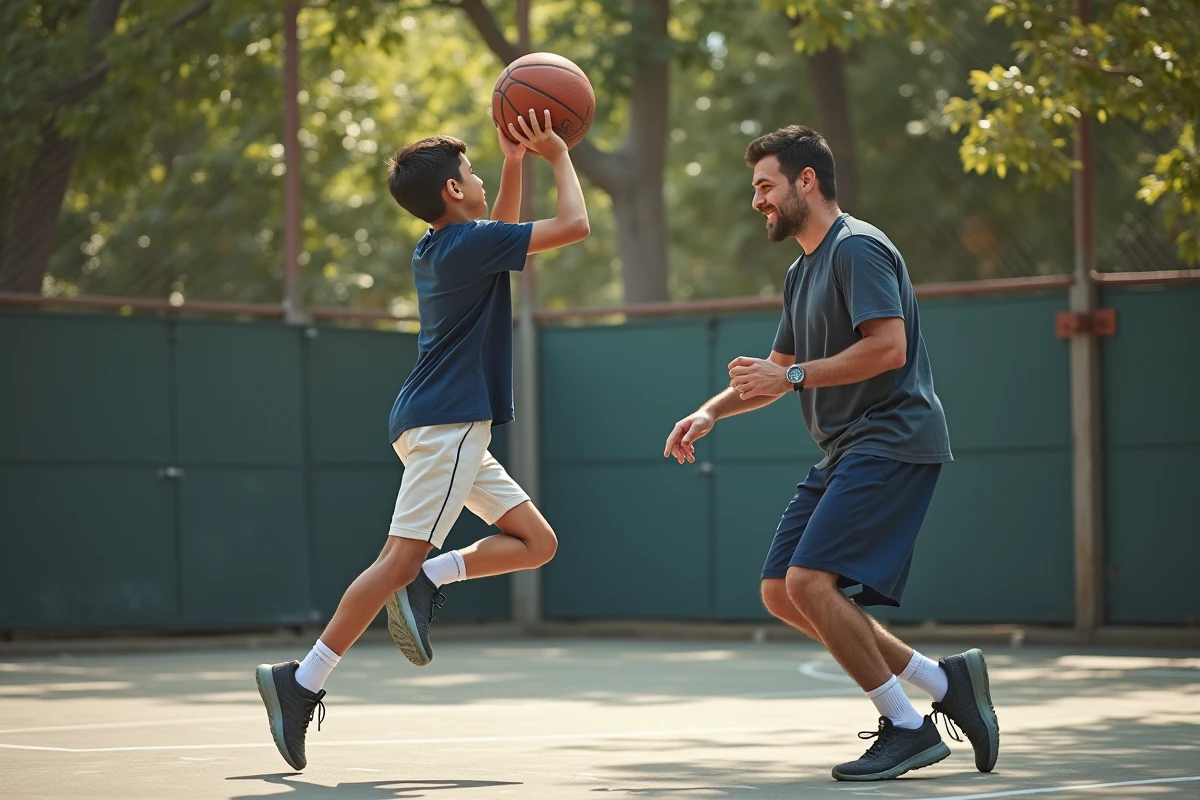 Père et fils de 11 ans jouant au basketball ensemble sur un terrain extérieur, activité sportive renforçant la complicité père-fils