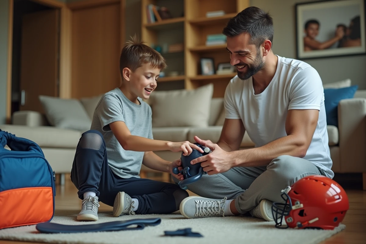 Père et fils de 11 ans découvrant ensemble un équipement sportif comme cadeau, moment de complicité à la maison