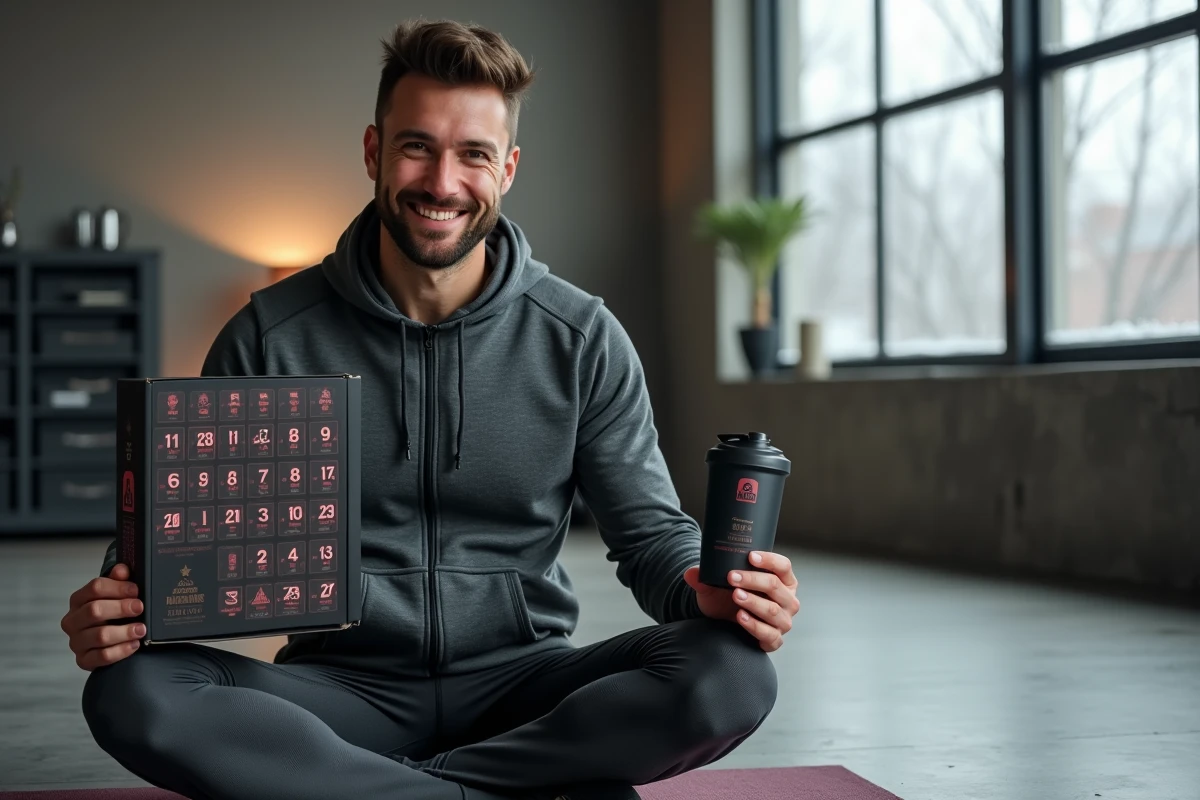 Jeune sportif découvrant une shaker de nutrition sportive premium extrait d'un calendrier de l'Avent haut de gamme pour homme