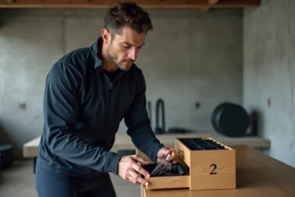 Homme sportif élégant ouvrant un calendrier de l'Avent haut de gamme en bois avec des produits premium pour sportifs exigeants