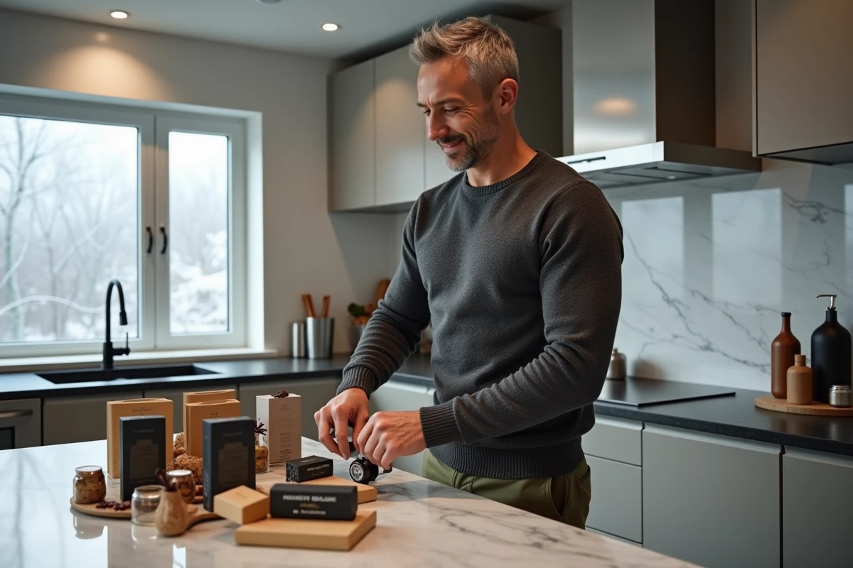 Sportif exigeant découvrant les produits haut de gamme d'un calendrier de l'Avent masculin sport dans une cuisine moderne
