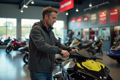 Client examinant un jet-ski dans une concession Aunis Moto Nautic avant de faire son choix d'achat