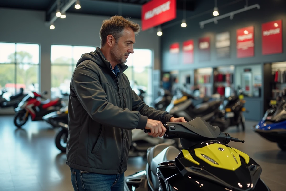 Client examinant un jet-ski dans une concession Aunis Moto Nautic avant de faire son choix d'achat