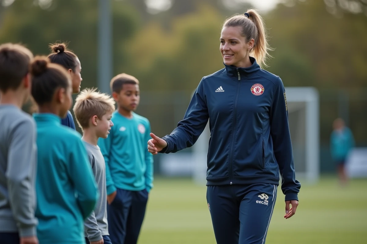 Entraîneur féminin montrant un geste technique à des jeunes joueurs