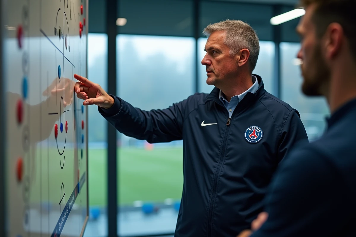 Entraîneur PSG expliquant une tactique avec tableau
