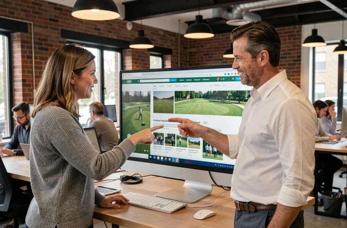 Deux professionnels collaborant sur une stratégie de contenu blog pour des cours de golf en ligne