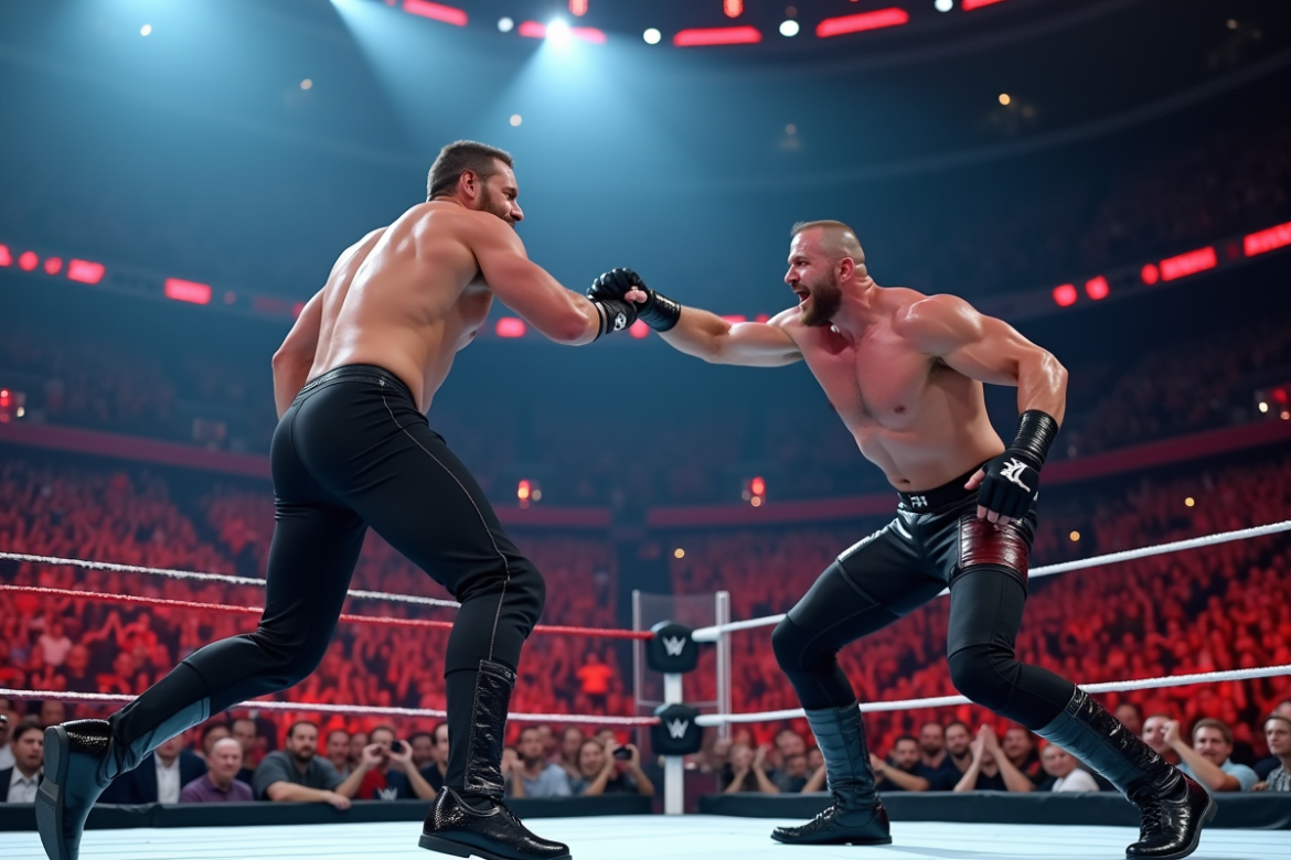 Match de lutte WWE intense dans un stade avec foule