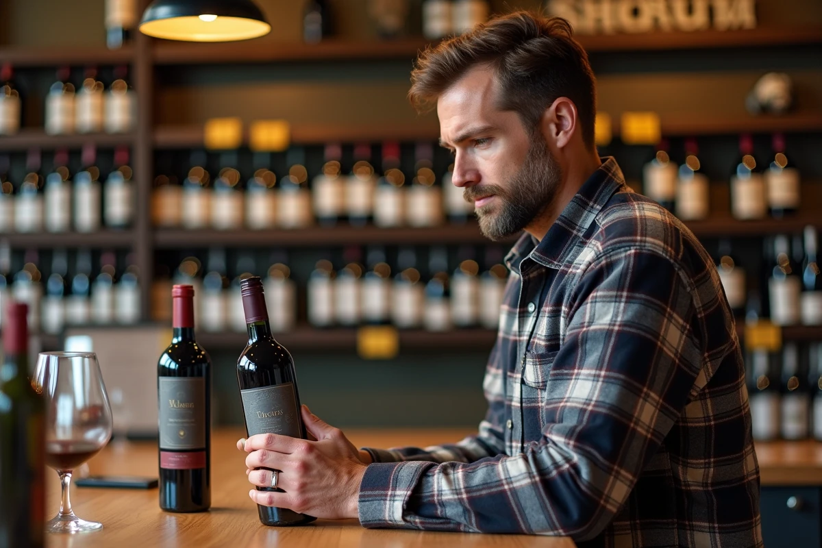 Homme comparant deux bouteilles de Bergerac dans une cave à vins avec classements manuscrits