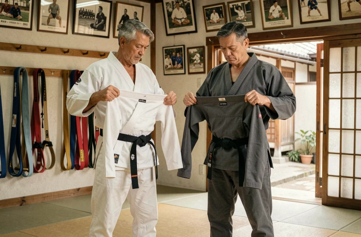 Deux instructeurs de jiu-jitsu comparant un kimono traditionnel et un kimono moderne dans un dojo expérimenté
