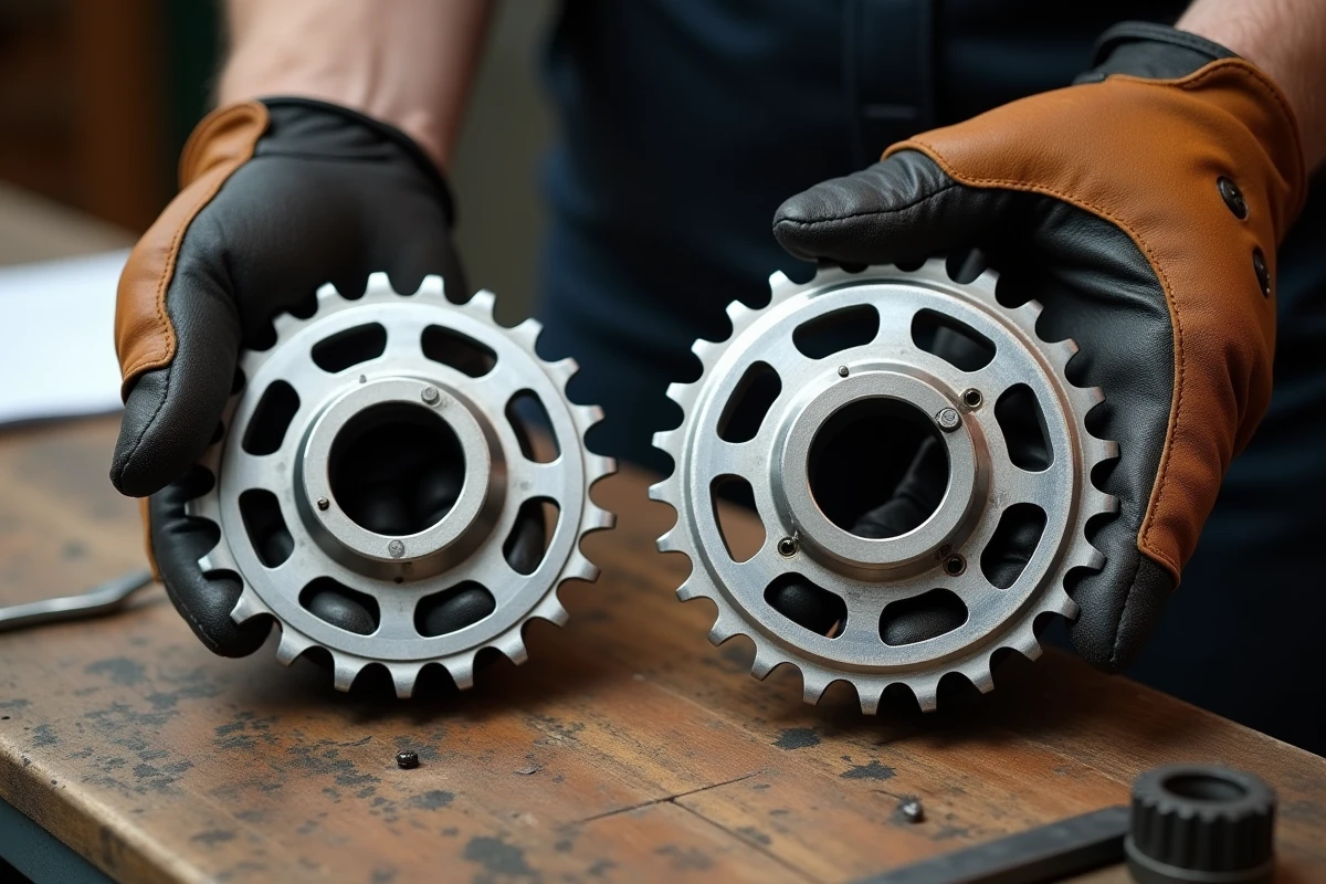 Comparaison de deux pignons arrière pour Aprilia RS 125 tenus par un mécanicien, illustrant le choix de démultiplication pour maximiser la vitesse de pointe