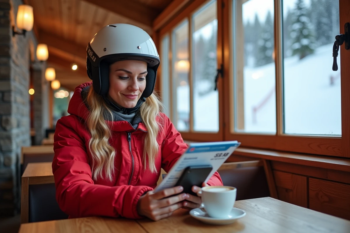 Skieuse comparant les prix de forfait séjour aux Arcs dans un chalet de station